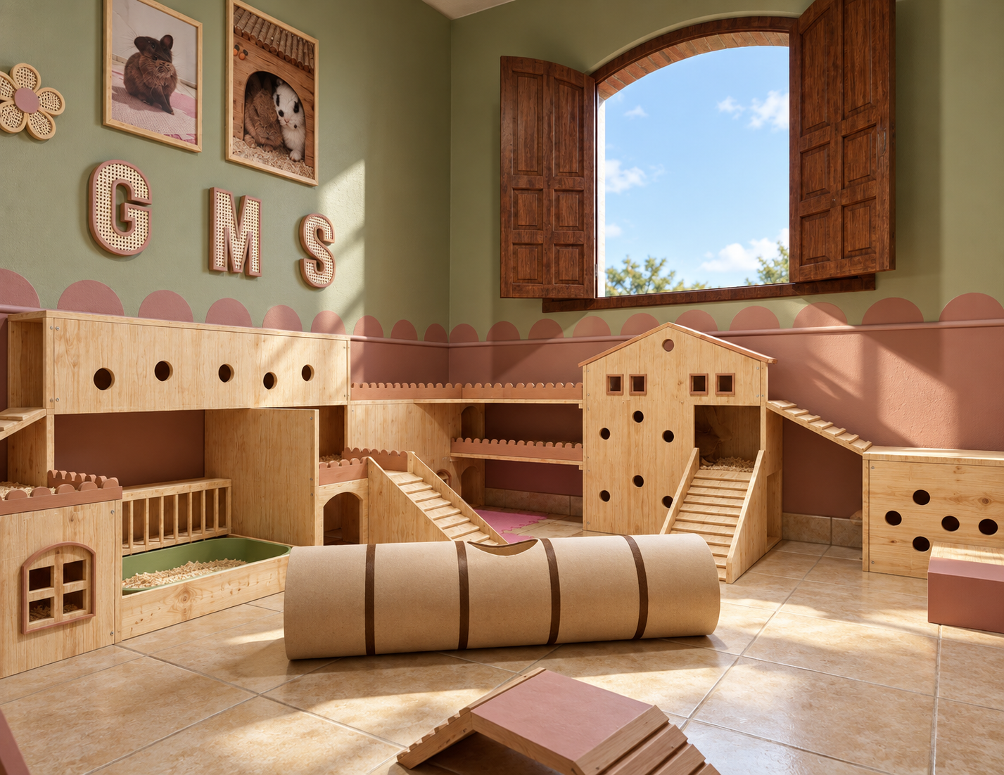 Projeto Adaptie: ambiente para coelhos com casinhas, rampas e túneis em madeira, integrado à arquitetura do espaço.
